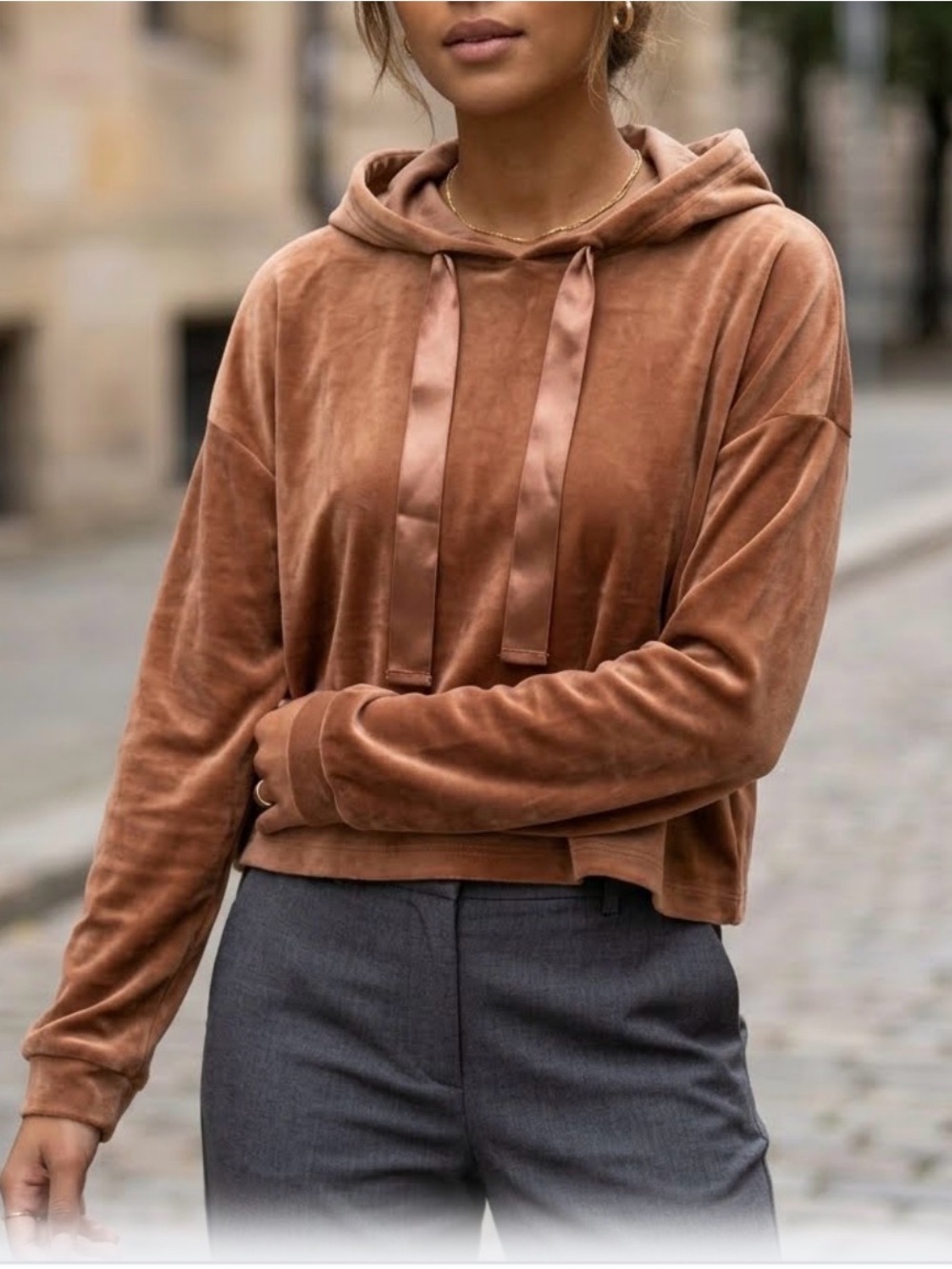 Gilli Velvet Cropped Hoodie Brick Brown Velour Sweatshirt L/XL 0439